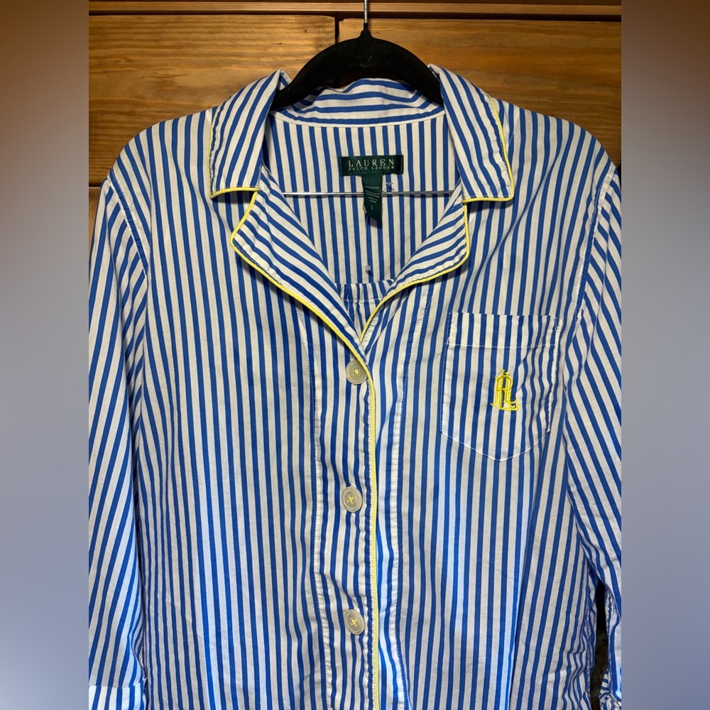 Lauren Ralph Lauren Blue and White Striped with Yellow Trim Pajamas Size Large - Picture 4 of 11